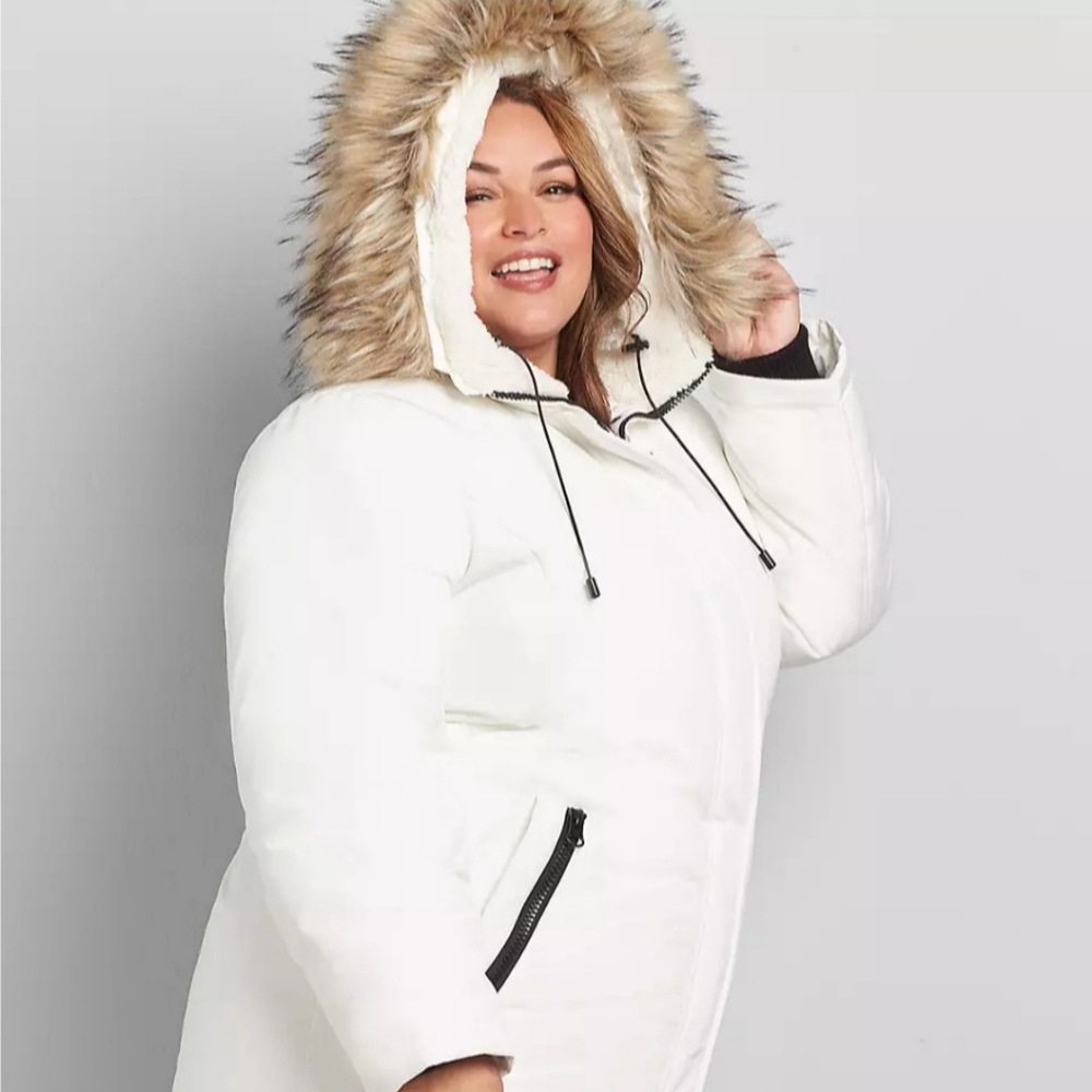 SOLD NWT Lane Bryant White Faux Fur Hooded Jacket